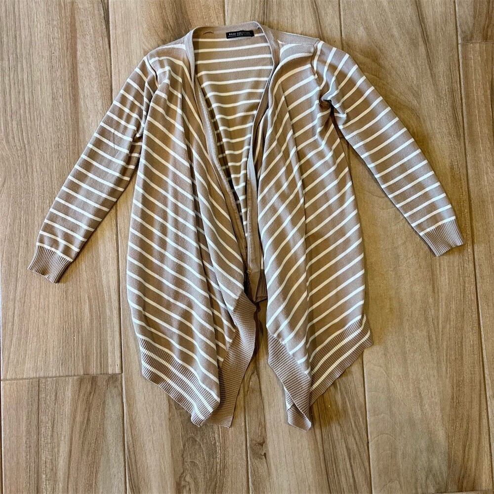 Bajee Collection by BeCool Cardigan Womens S Taupe White Striped Open